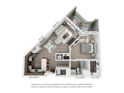 Floor plan for 1 bed, 1 bath, 875 sqft